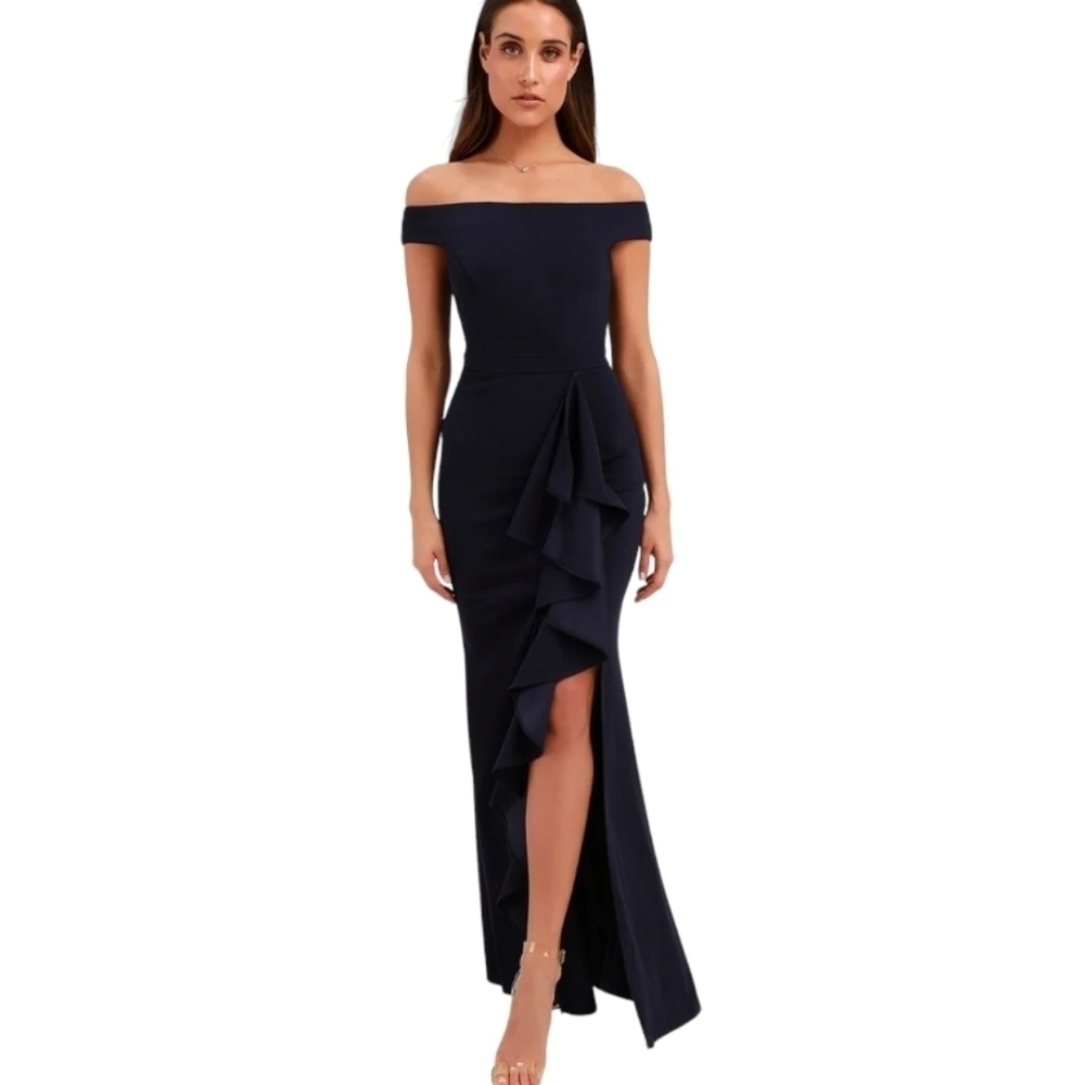 Lulu's Navy Off-Shoulder Ruffle Gown